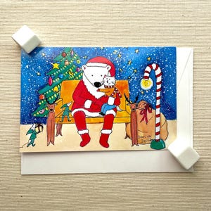Carte de voeux de Noël fantaisiste (6 x 4 pouces) avec enveloppe - Père Noël ours polaire, chat en pull et renne festif, intérieur vierge