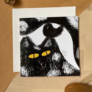 Tarjeta cuadrada con retrato de gatito negro/tarjeta de felicitación/tarjeta en blanco/tarjeta plegable/tarjeta cuadrada de 5 x 5"/tarjetas para cualquier ocasión