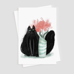 Whisker Wonderland Greeting Card – Black Cat with Vase – 4”x6” (10.2cm x 15.2cm) – Purrfect for Cat Lovers!