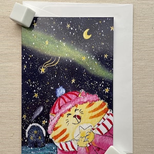 Carte de voeux confortable chat étoilé (4 x 6 po.) avec enveloppe - Scène d'hiver fantaisiste, vierge à l'intérieur, parfaite pour les vacances ou les voeux d'hiver