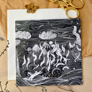 Doodles chat dans une ville/ carte de voeux/ carte vierge/ carte pliante/ carte carrée 5 x 5 po./ cartes pour toutes les occasions