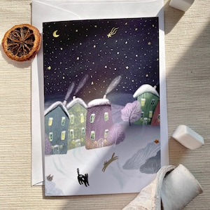 Starry Winter Night and Cozy Village Greeting Card | Christmas and New Year | Peaceful Holiday Scene with Playful Cats | 4x6 Blank Inside