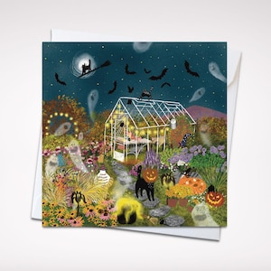 Nuit d'Halloween enchantée - Carte de voeux magique de 12,7 x 12,7 cm (5 x 5 po.) avec des fantômes, des goules et une fantaisie de jardin