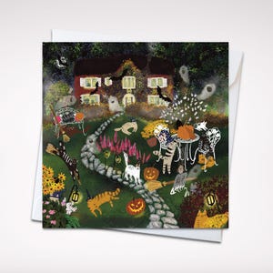Mystical Meow Manor - Carte de voeux d'Halloween fantaisiste avec chat et citrouille, 12,7 x 12,7 cm (5 x 5 po.)