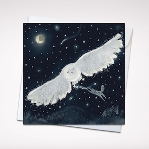 Murmure nocturne - Carte de voeux enchanteur, chouette, chat et étoiles, 5 x 5 po. (12,7 x 12,7 cm)