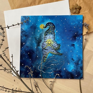 Carte carrée chat tenant une étoile sur un nuage/ carte de voeux vierge/ carte pliante/ carte carrée 5 x 5 po./ cartes pour toutes les occasions/ carte sur le thème du chat