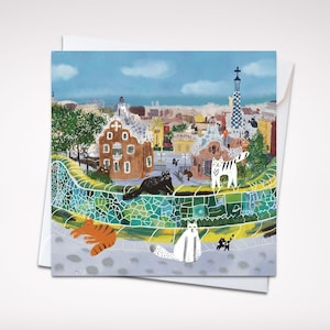 Square card cats in Barcelona/ greeting card/ blank card/ folding card/ square card 5x5"/ cards for any occasion/ Autumn garden cat card