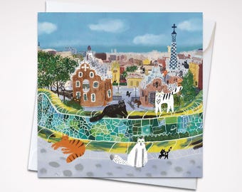 Carte carrée chats à Barcelone/ carte de voeux/ carte vierge/ carte pliante/ carte carrée 5 x 5 po./ cartes pour toutes les occasions/ carte chat jardin d'automne