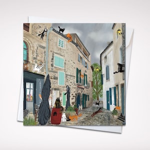 Carte de voeux Charming Village Cats 5 x 5 - Carte vierge fantaisiste sur le thème des chats avec enveloppe, parfaite pour les amoureux des chats et les amateurs de voyages