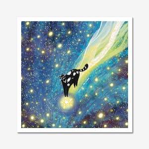 May include: A black and white cat with a star-shaped tail flies through a blue and yellow starry sky. The cat is holding a large, yellow star in its paws. The text "Dear Big Wishes" is written in the sky.