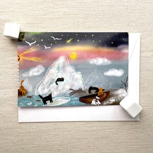 Carte de voeux enchanteresse Arctic Cat Adventure (6 x 4 po.) avec enveloppe - chats fantaisistes, paysage d'hiver, intérieur vierge pour votre message