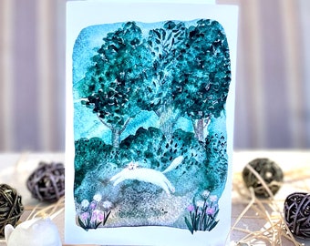 Vertical birthday card white cat in magical green forest/ greeting card/ blank card/ folding card/ card 4x6"/ anniversary cards/ cat art