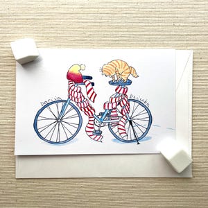 Cartão de felicitações de aventura de bicicleta de inverno (6x4") com envelope - gato aconchegante e ciclista festivo, em branco por dentro, cartão de Natal divertido para amantes de gatos