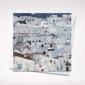 Carte de voeux lunatique Cats of Pueblos Blancos 5 x 5 - Charmante carte vierge inspirée d'un village espagnol avec enveloppe