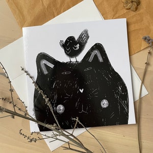 Carte carrée un chat noir avec un oiseau noir/ carte de voeux/ carte vierge/ carte pliante/ carte carrée 5 x 5 po./ cartes pour toutes les occasions