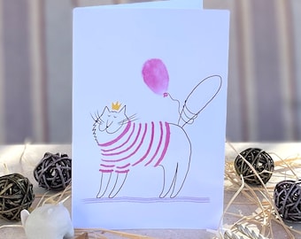 Vertical birthday card cat in crown, T-shirt with balloon/ greeting card/ blank card/ folding card/ card 4x6"/ anniversary cards/ cat art