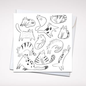 Carte de voeux minimaliste 5 x 5 chats noir et blanc – Carte vierge fantaisiste sur le thème des chats dessinée à la main avec enveloppe, parfaite pour les amoureux des chats