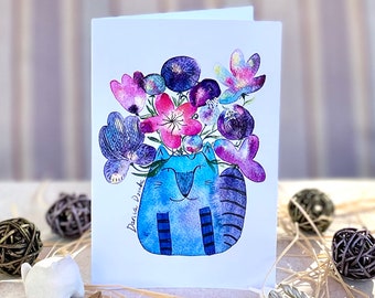 Vertical birthday card cat shaped planter with flowers/ greeting card/ blank card/ folding card/ card 4x6"/ anniversary cards/ cat art