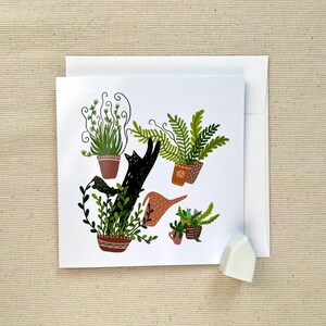 Carte de voeux Plant Lover's Cat 5 x 5 - Carte vierge ludique sur le thème des chats avec enveloppe, parfaite pour les amateurs de plantes et de chats