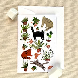 Purr-fect Pals! Whimsical 4"x6" (10x15 cm) Cat & Plant Greeting Card - Blank Inside for Any Occasion