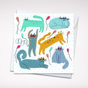 Carte de voeux Célébration Pawty Cats 5 x 5 - Carte vierge amusante sur le thème des chats avec des ballons et une enveloppe, parfaite pour toutes les occasions