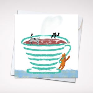 Carte de voeux 5 x 5 chats fantaisistes dans une tasse de thé – Carte vierge ludique avec enveloppe pour les amoureux des chats