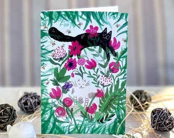 Vertical birthday card cats and bees and flowers/ greeting card/ blank card/ folding card/ card 4x6"/ anniversary cards