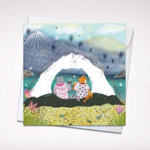 Carte de voeux d'amitié ou d'amour 5 x 5 chats de camping – Carte vierge de plein air confortable avec enveloppe pour les amoureux des chats