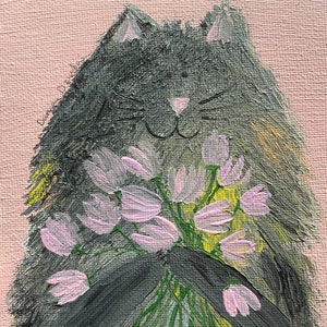 Carte carrée chaton avec tulipes/ carte de voeux/ carte vierge/ carte pliante/ carte carrée 5 x 5 po./ cartes pour toutes les occasions