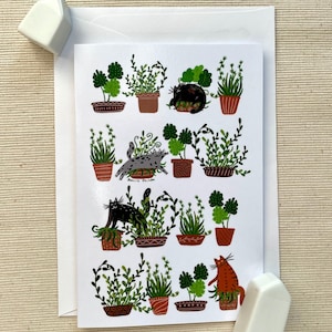 Carte de voeux ludique chats et plantes 4 x 6 - Carte vierge fantaisiste avec enveloppe pour les amateurs de plantes et de chats