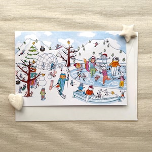 Carte de voeux amusante avec les animaux du pays des merveilles d'hiver (6 x 4 po.) avec enveloppe - scène de vacances fantaisiste, intérieur vierge pour des messages personnalisés
