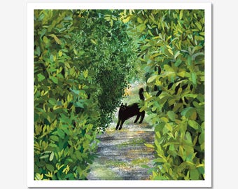 Cat art print: Cats in garden with flowers, sunset and shed illustration