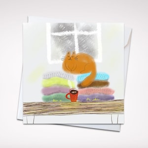 Chat douillet se détendant près de la fenêtre avec du café - Carte de voeux de 17 x 15 cm pour un confort hivernal, des salutations chaleureuses et des messages attentionnés