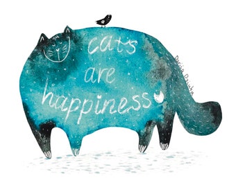 Cat art print: Blue cat with lettering saying Cats are happiness