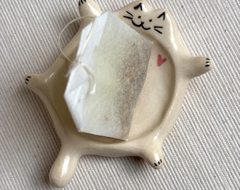 Handmade ceramic cat teabag dish/ Ceramic paint holder/ Fun teabag holder/ Ceramic trinket dish/ Cute cat lover gift