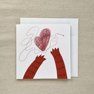 Amour, pattes de chat et laine/ Carte de voeux pour la Saint-Valentin/ carte vierge/ carte pliante/ carte carrée 5 x 5 po./ cartes pour toutes les occasions/ Papeterie sur le thème des chats