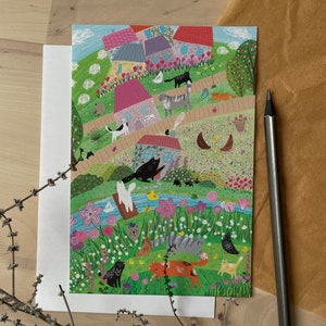 Carte de voeux village de chats fous/ Carte de voeux pour toutes les occasions/ carte vierge/ carte pliante/ carte 4 x 6 po./ Chats dans le village avec moutons, poules, maisons