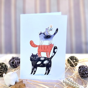 Carte d'anniversaire verticale chat avec chat et souris/ carte de voeux/ carte vierge/ carte pliante/ carte 4 x 6 po./ cartes d'anniversaire/ art de chat