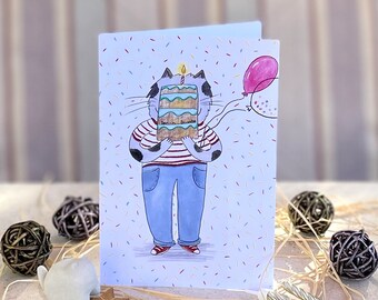 Vertical birthday card cat with cake and balloons/ greeting card/ blank card/ folding card/ card 4x6"/ anniversary cards/ cat art