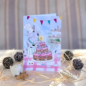 Decorazione torta/ Biglietto di compleanno verticale gatto che fa torta di compleanno/ biglietto di auguri nero/ biglietto pieghevole/ biglietto 4x6"/ biglietti di anniversario/ arte del gatto