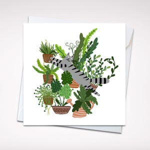 Carte de voeux espiègle avec plante et chat 5 x 5 - Carte vierge fantaisiste sur le thème des chats avec enveloppe, parfaite pour les amateurs de plantes et de chats