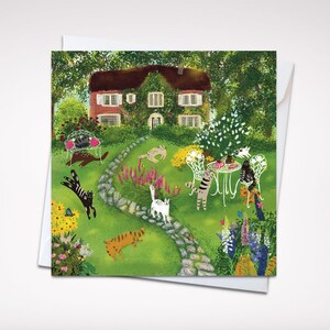 Square card cats in front yard/ greeting card/ blank card/ folding card/ square card 5x5"/ cards for any occasion/ Autumn garden cat card