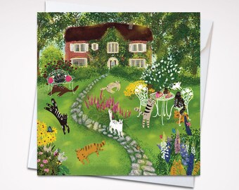 Square card cats in front yard/ greeting card/ blank card/ folding card/ square card 5x5"/ cards for any occasion/ Autumn garden cat card