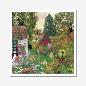 Unframed Charming Cat Garden Art Print – Cottage Garden with Cats, Flowers, and Lanterns – Cozy Nature-Inspired Wall Art for Cat Lovers