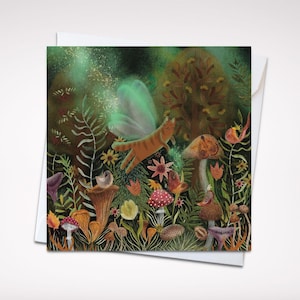 Carte de voeux Magical Forest Cat 5 x 5 - Carte vierge enchanteresse sur le thème des chats avec enveloppe, parfaite pour les amoureux des chats et les amateurs de fantaisie
