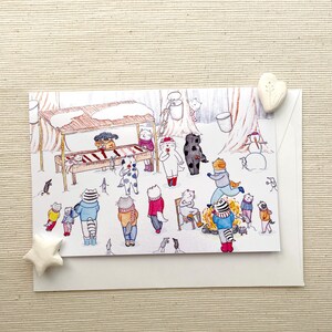 Carte de voeux confortable de scène de marché d'hiver (6 x 4 po.) avec enveloppe - Plaisirs d'hiver fantaisistes, vierge à l'intérieur pour des messages personnalisés