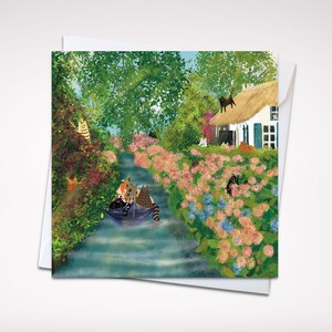 Square card cats at a canal/ greeting card/ blank card/ folding card/ square card 5x5"/ cards for any occasion/ Autumn garden cat card