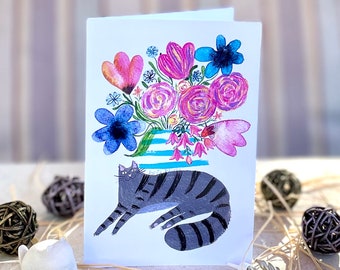 Vertical birthday card cat in front of vase with flowers/ greeting card/ blank card/ folding card/ card 4x6"/ anniversary cards/ cat art