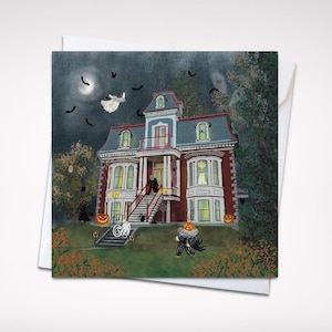Spooky Mansion Cats Halloween 5 x 5 Carte de voeux – Carte vierge de la maison hantée avec enveloppe