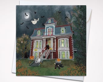 Spooky Mansion Cats Halloween 5 x 5 Carte de voeux – Carte vierge de la maison hantée avec enveloppe